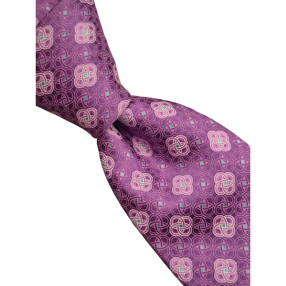 Valentino Recent Italy Mens Silk Necktie Purple Geometric Interlocking Pattern